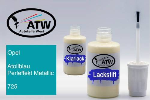 Opel, Atollblau Perleffekt Metallic, 725: 20ml Lackstift + 20ml Klarlack - Set, von ATW Autoteile West.